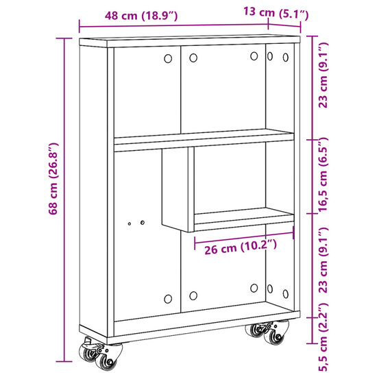 Opbergtrolley smal 48x13x68 cm bewerkt hout wit