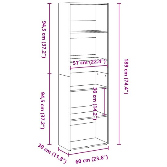 Boekenkast 60x30x189 cm bewerkt hout wit