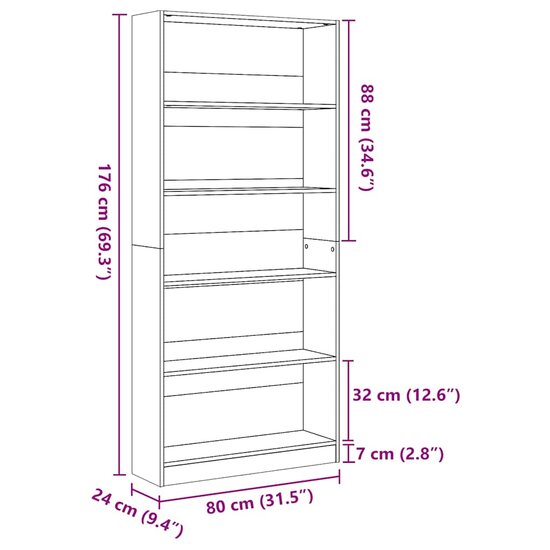 Boekenkast 80x24x176 cm bewerkt hout hoogglans wit
