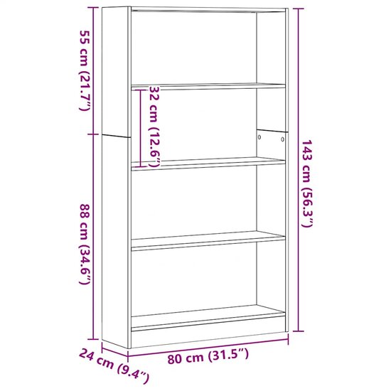 Boekenkast 4-Laags Spaanplaat Kleurig 80 x 24 x 143 cm Zwart eiken