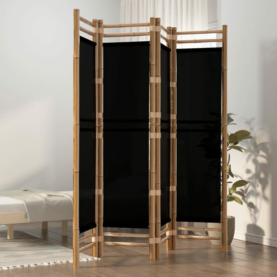 Kamerscherm 4-Panelen Inklapbaar 160 Cm Bamboe En Canvas 160 x 180 cm Zwart