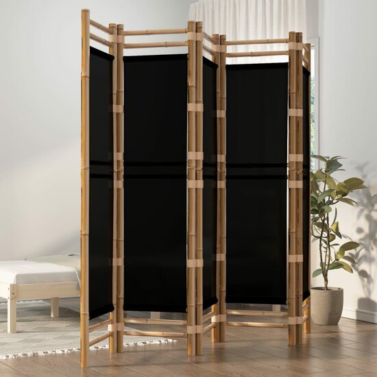 Kamerscherm 5-Panelen Inklapbaar 200 Cm Bamboe En Canvas 200 x 180 cm Zwart