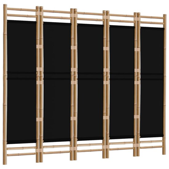 Kamerscherm 5-Panelen Inklapbaar 200 Cm Bamboe En Canvas 200 x 180 cm Zwart