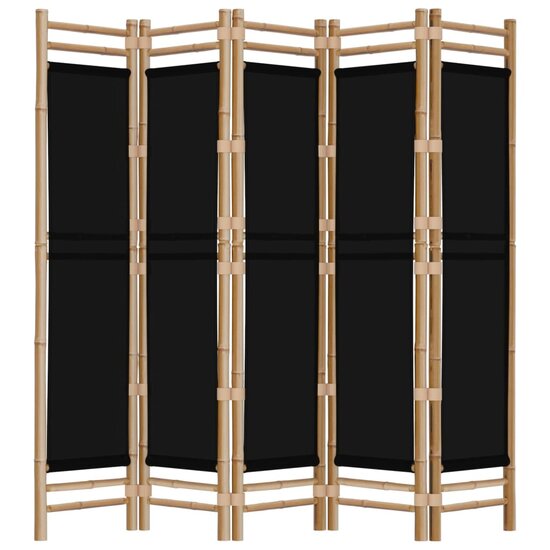 Kamerscherm 5-Panelen Inklapbaar 200 Cm Bamboe En Canvas 200 x 180 cm Zwart