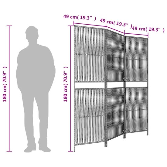 Kamerscherm 3 panelen poly rattan grijs