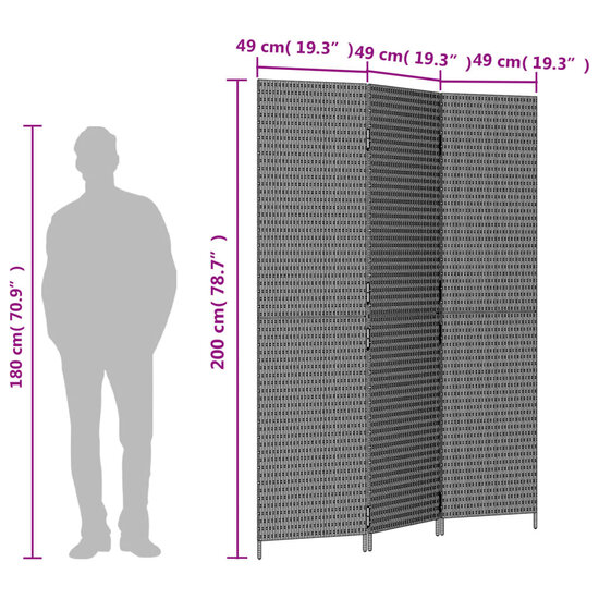 Kamerscherm 3 panelen poly rattan bruin