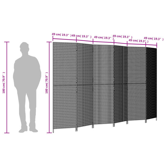Kamerscherm 6 Panelen Poly Rattan Zwart 1 294 x 180 cm