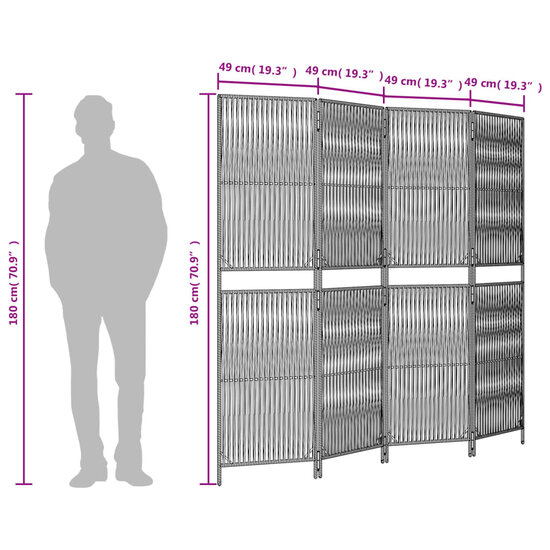 Kamerscherm 4 Panelen Poly Rattan Grijs 1 196 x 180 cm