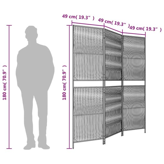 Kamerscherm 3 Panelen Poly Rattan Bruin 1 147 x 180 cm
