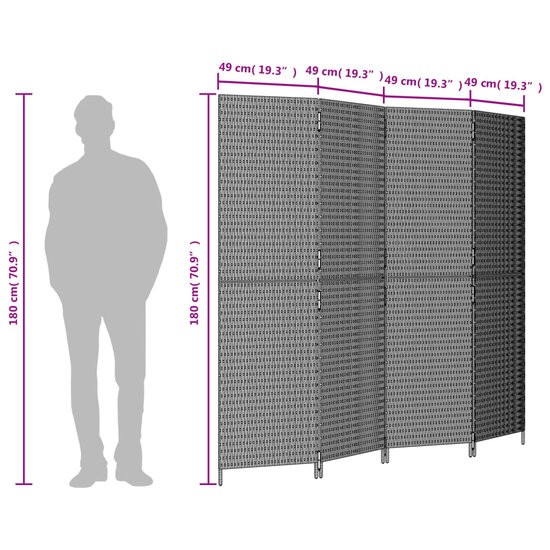 Kamerscherm 4 Panelen Poly Rattan Bruin 1 196 x 180 cm