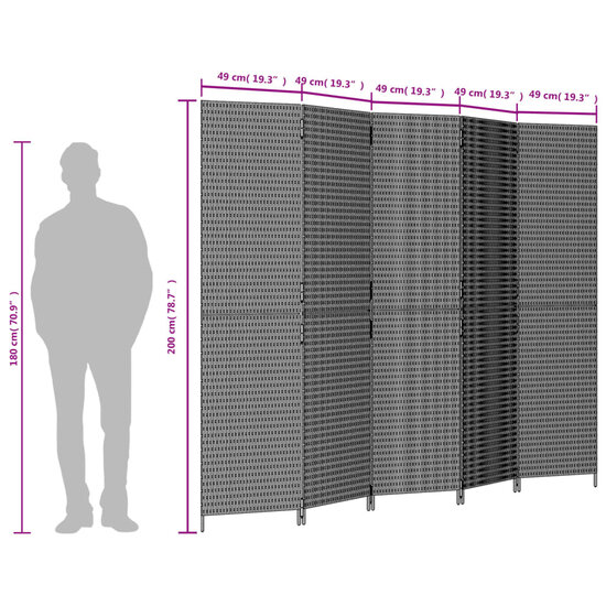Kamerscherm 5 Panelen Poly Rattan Zwart 1 245 x 200 cm