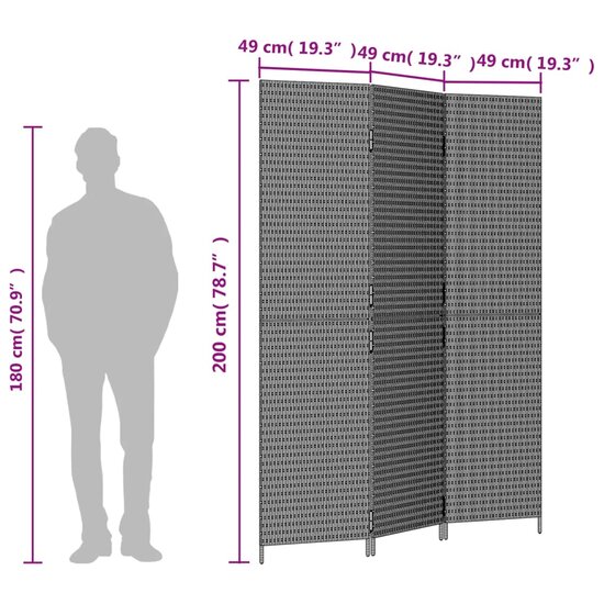 Kamerscherm 3 Panelen Poly Rattan Grijs 1 147 x 200 cm