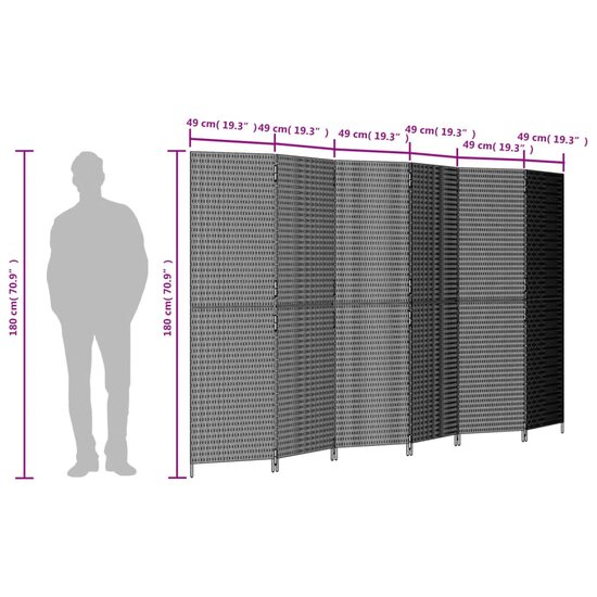 Kamerscherm 6 panelen poly rattan grijs