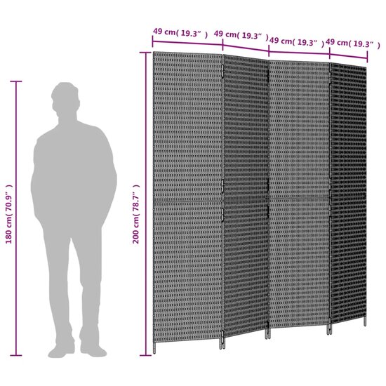 Kamerscherm 4 panelen poly rattan bruin