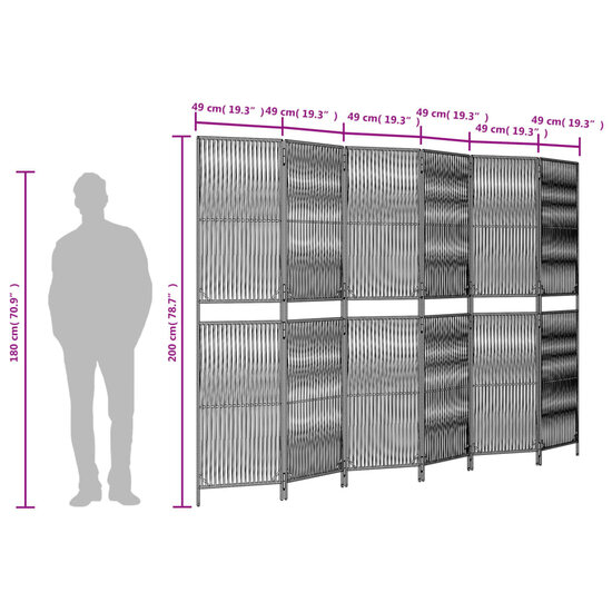 Kamerscherm 6 Panelen Poly Rattan Grijs 1 294 x 200 cm