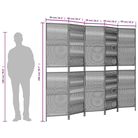 Kamerscherm 5 Panelen Poly Rattan Grijs 1 245 x 200 cm
