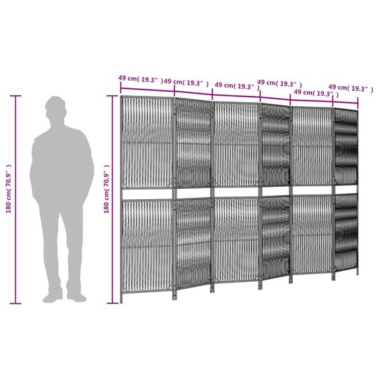 Kamerscherm 6 Panelen Poly Rattan Grijs 1 294 x 180 cm