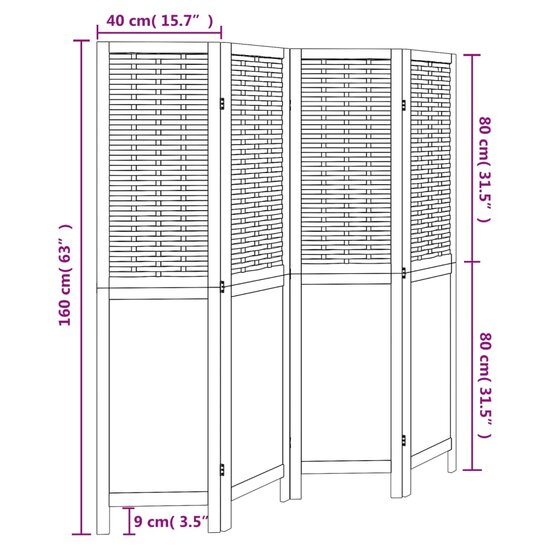 Kamerscherm Met 4 Panelen Massief Paulowniahout Donkerbruin 40 x 160 cm