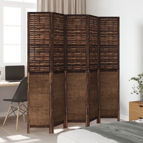 Kamerscherm Met 5 Panelen Massief Paulowniahout Donkerbruin 40 x 200 cm