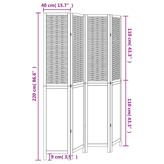Kamerscherm Met 4 Panelen Massief Paulowniahout Donkerbruin 40 x 220 cm