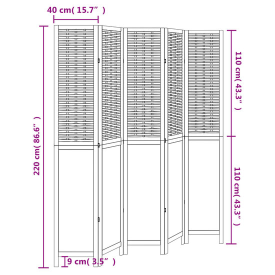 Kamerscherm Met 5 Panelen Massief Paulowniahout Donkerbruin 40 x 220 cm