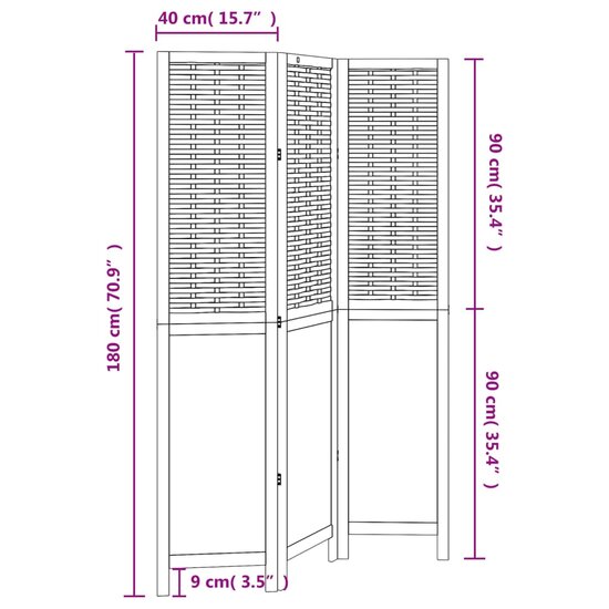 Kamerscherm Met 3 Panelen Massief Paulowniahout Donkerbruin 40 x 180 cm
