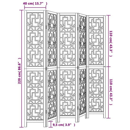 Kamerscherm Met 5 Panelen Massief Paulowniahout Bruin 40 x 220 cm