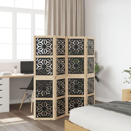 Kamerscherm Met 4 Panelen Massief Paulowniahout Bruin En Zwart 40 x 160 cm