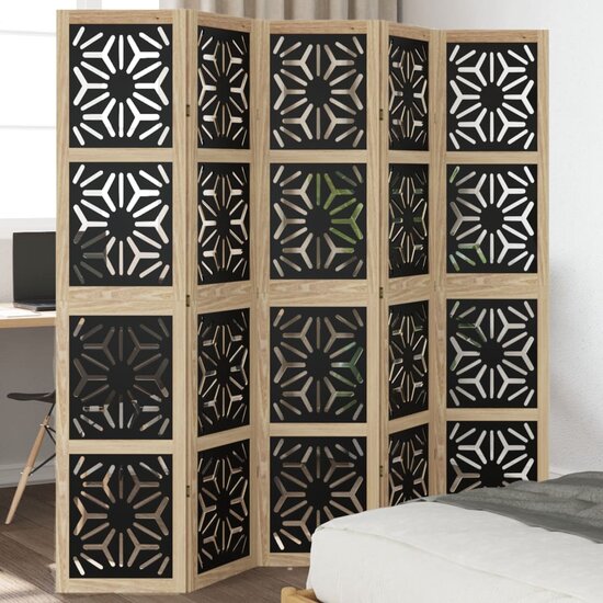 Kamerscherm Met 5 Panelen Massief Paulowniahout Bruin En Zwart 40 x 180 cm