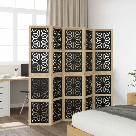 Kamerscherm Met 5 Panelen Massief Paulowniahout Bruin En Zwart 40 x 180 cm