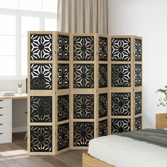 Kamerscherm Met 6 Panelen Massief Paulowniahout Bruin En Zwart 40 x 180 cm