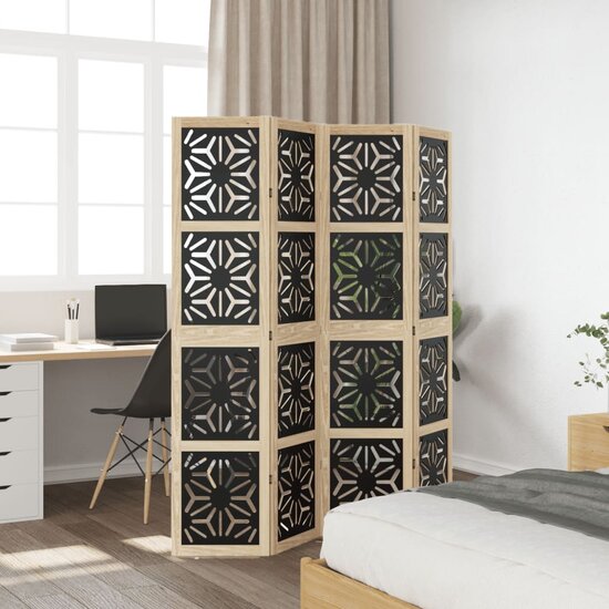 Kamerscherm Met 4 Panelen Massief Paulowniahout Bruin En Zwart 40 x 180 cm