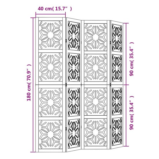 Kamerscherm Met 4 Panelen Massief Paulowniahout Bruin En Zwart 40 x 180 cm