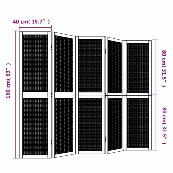 Kamerscherm Met 5 Panelen Massief Paulowniahout Bruin 40 x 160 cm