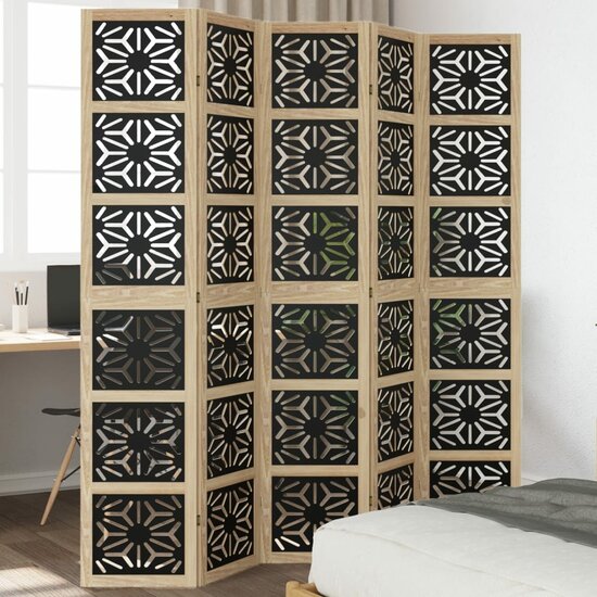 Kamerscherm Met 5 Panelen Massief Paulowniahout Bruin En Zwart 40 x 200 cm