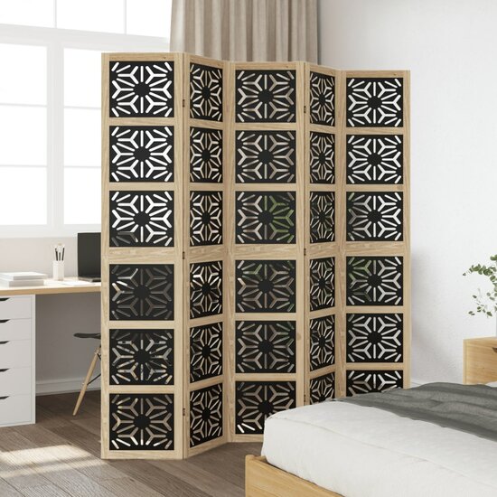 Kamerscherm Met 5 Panelen Massief Paulowniahout Bruin En Zwart 40 x 200 cm