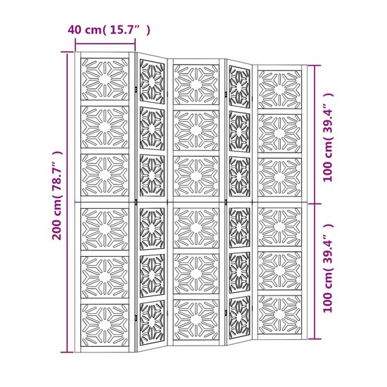 Kamerscherm Met 5 Panelen Massief Paulowniahout Bruin En Zwart 40 x 200 cm