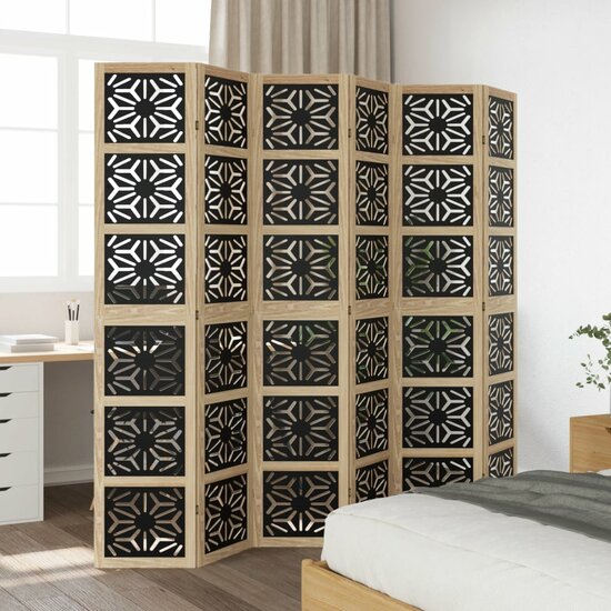 Kamerscherm Met 6 Panelen Massief Paulowniahout Bruin En Zwart 40 x 200 cm