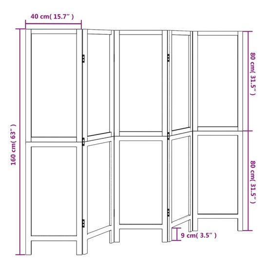 Kamerscherm Met 5 Panelen Massief Paulowniahout Donkerbruin 40 x 160 cm