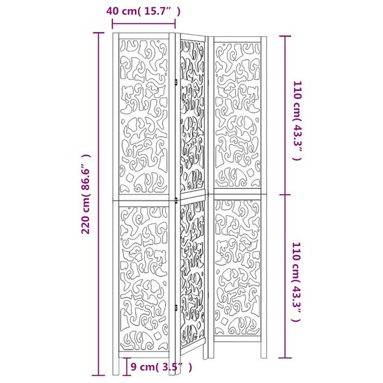 Kamerscherm Met 3 Panelen Massief Paulowniahout Wit 40 x 220 cm