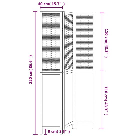 Kamerscherm Met 3 Panelen Massief Paulowniahout Donkerbruin 40 x 220 cm