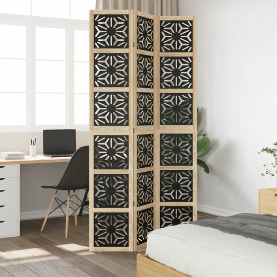 Kamerscherm Met 3 Panelen Massief Paulowniahout Zwart 40 x 220 cm