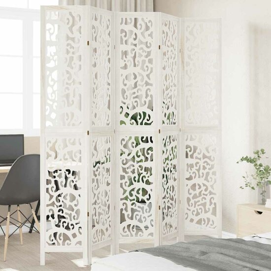 Kamerscherm Met 5 Panelen Massief Paulowniahout Wit 40 x 220 cm