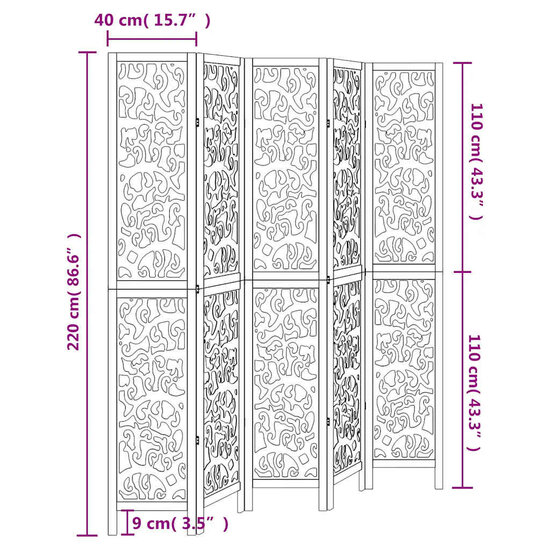 Kamerscherm Met 5 Panelen Massief Paulowniahout Wit 40 x 220 cm