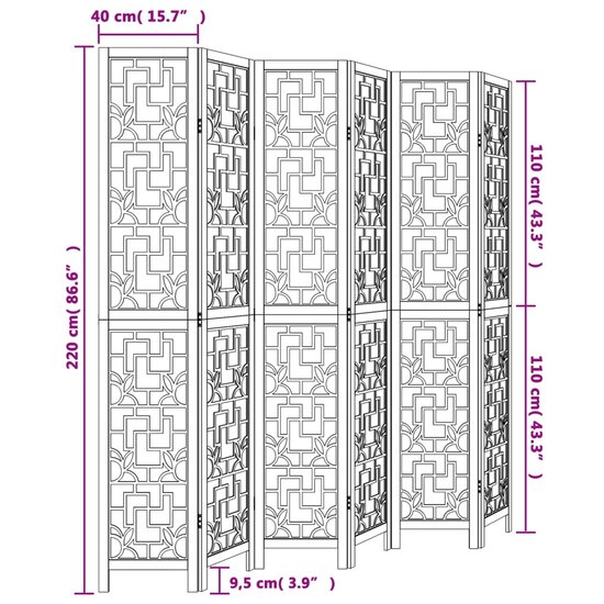 Kamerscherm Met 6 Panelen Massief Paulowniahout Bruin 40 x 220 cm