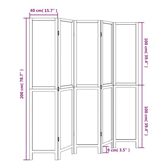 Kamerscherm Met 5 Panelen Massief Paulowniahout Donkerbruin 40 x 200 cm