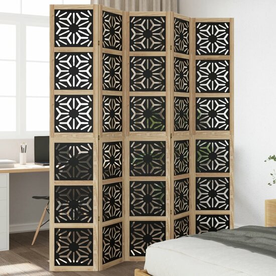 Kamerscherm Met 5 Panelen Massief Paulowniahout Bruin En Zwart 40 x 220 cm