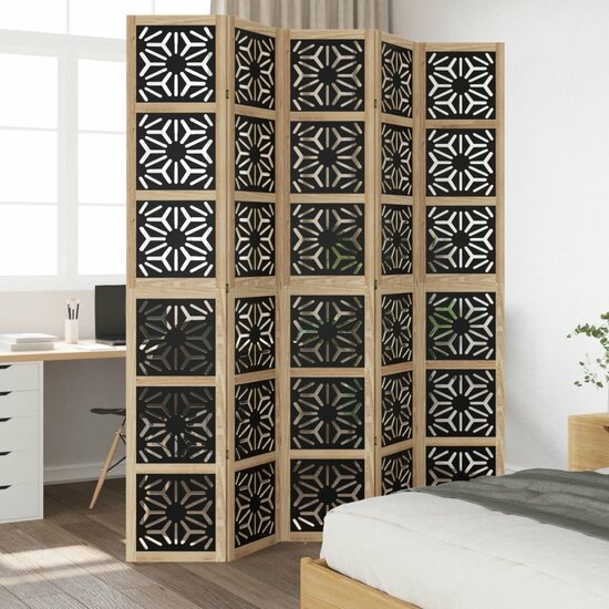 Kamerscherm Met 5 Panelen Massief Paulowniahout Bruin En Zwart 40 x 220 cm