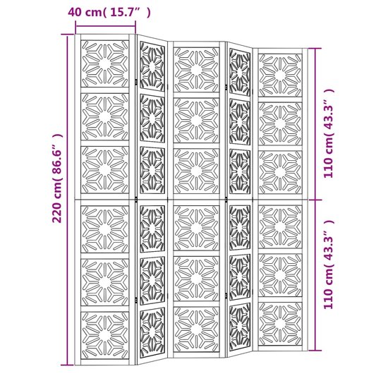 Kamerscherm Met 5 Panelen Massief Paulowniahout Bruin En Zwart 40 x 220 cm