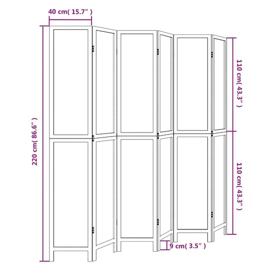 Kamerscherm Met 6 Panelen Massief Paulowniahout Donkerbruin 40 x 220 cm